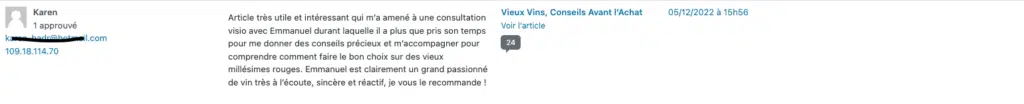 Témoignage pour les conseils apportés par vidéo et téléphone sur le vin