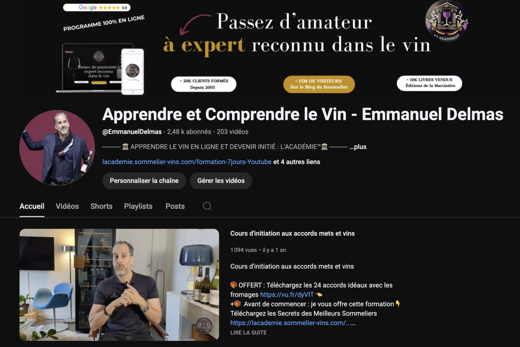 La chaine Youtube d'Emmanuel Delmas sommelier propose 150 vidéos