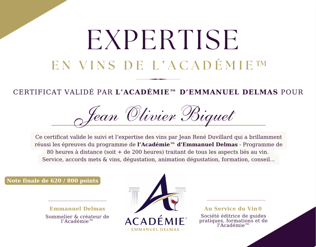 Certificat d'expertise en vin de l'Académie Emmanuel Delmas
