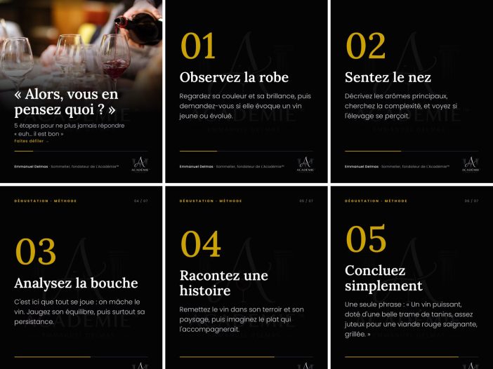 Les 5 étapes pour décrire un vin : observer la robe, sentir le nez, analyser la bouche, raconter une histoire, conclure simplement