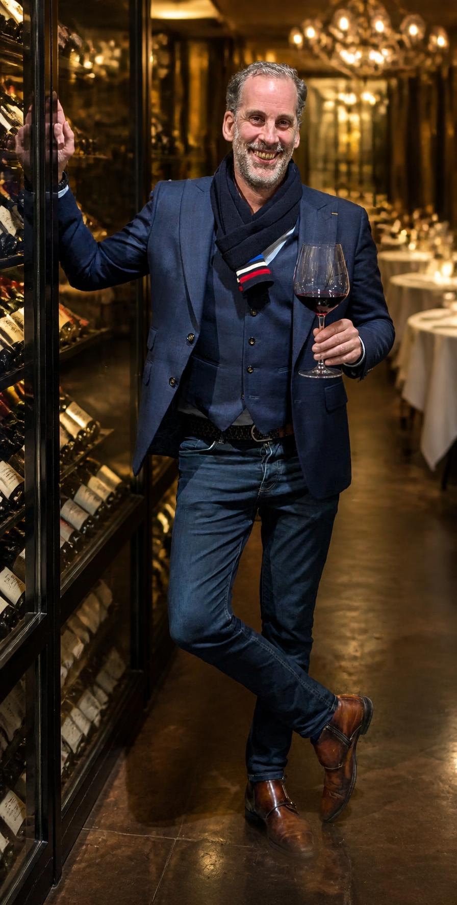 Emmanuel Delmas, sommelier et formateur en vins, un verre de vin rouge à la main devant une cave à vin